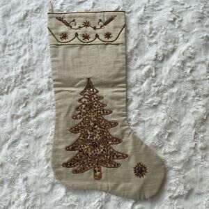 Christmas Stocking Cream Ornate Bronze Sequin Christmas Tree‎ Holiday Decor
